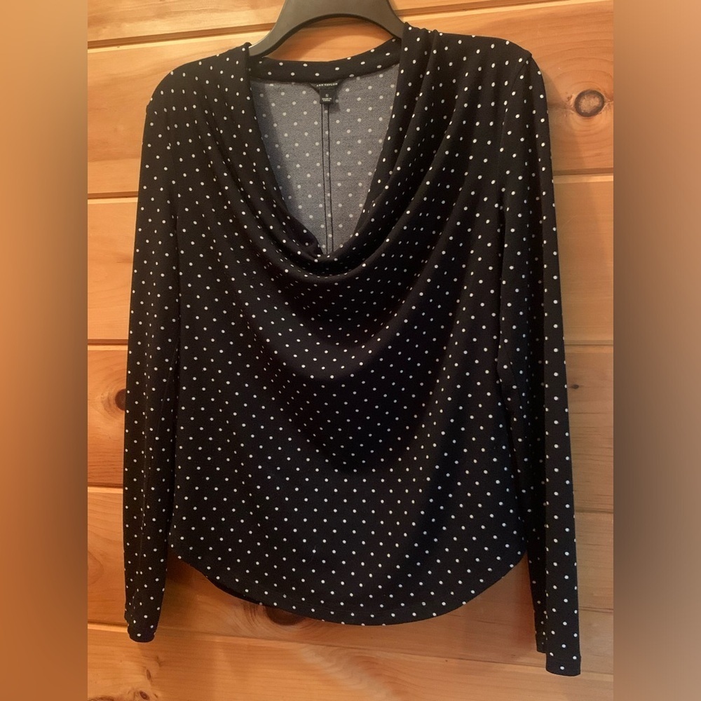 Ann Taylor Long Sleeve Black And White Polka dot Scoop Neck Blouse Size Small